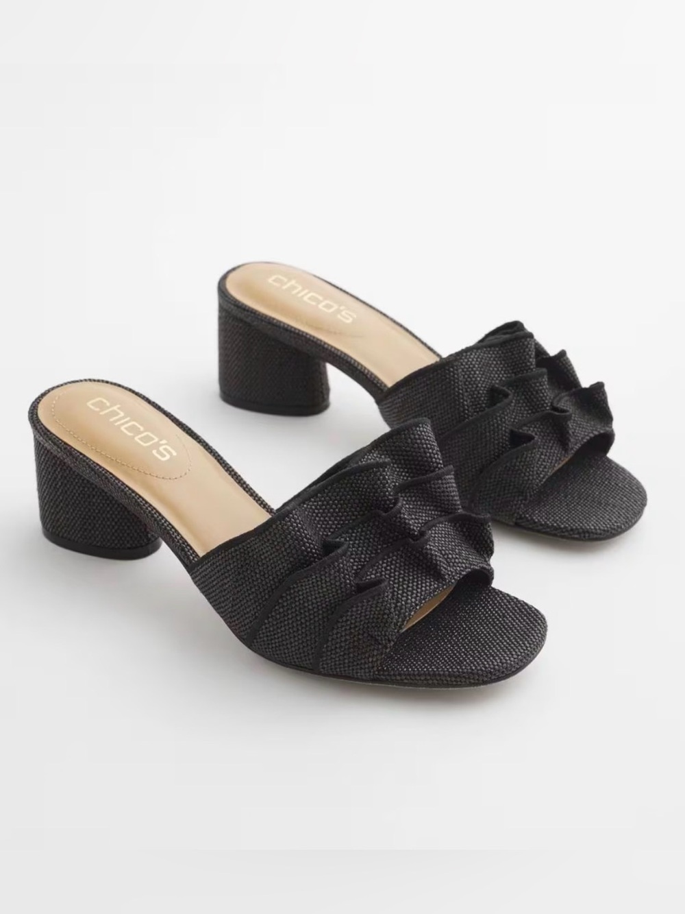NWT Chico's Black Ruffle Slide Sandals Size 7